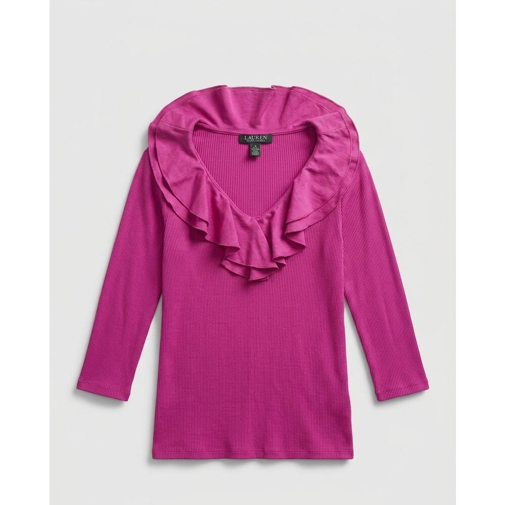 LRL Lauren Ralph Lauren Womens Ruffle V-Neck Ribbed Knit Top Purple Pink Size M